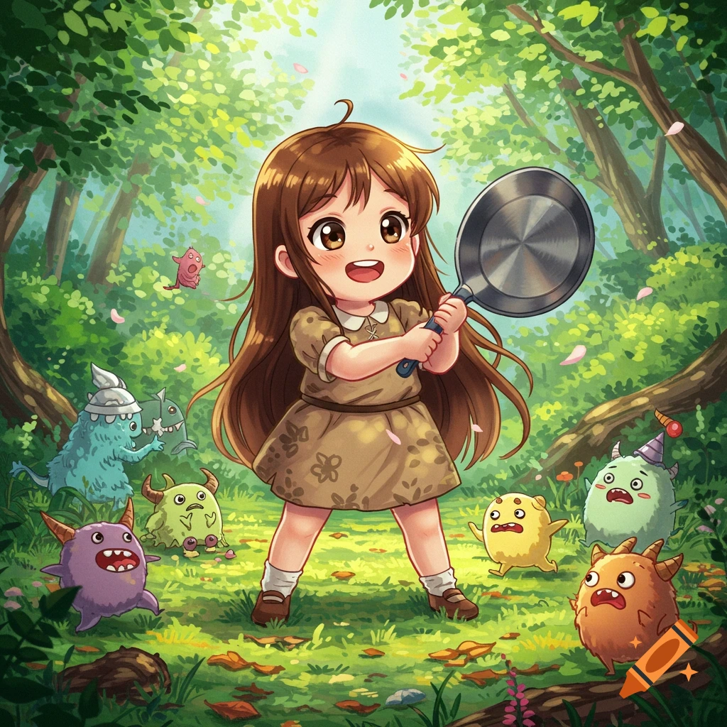 An anime-style toddler girl with long brown hair, holding a frying pan like a sword, stands happily among cute colorful monsters in a vibrant green forest.