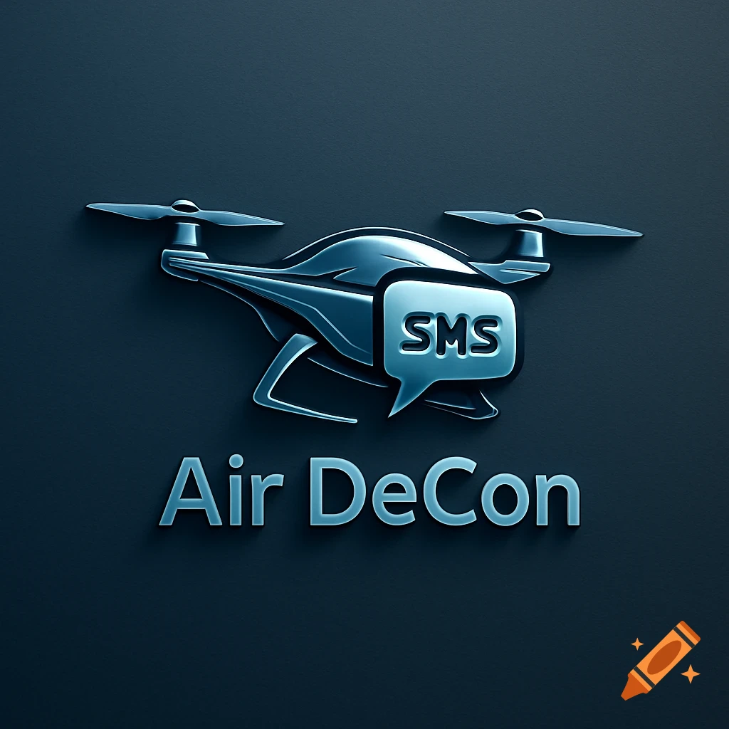 A metallic 3D logo featuring a drone with a speech bubble displaying "SMS" text, and "Air DeCon" text below it, all on a dark background.