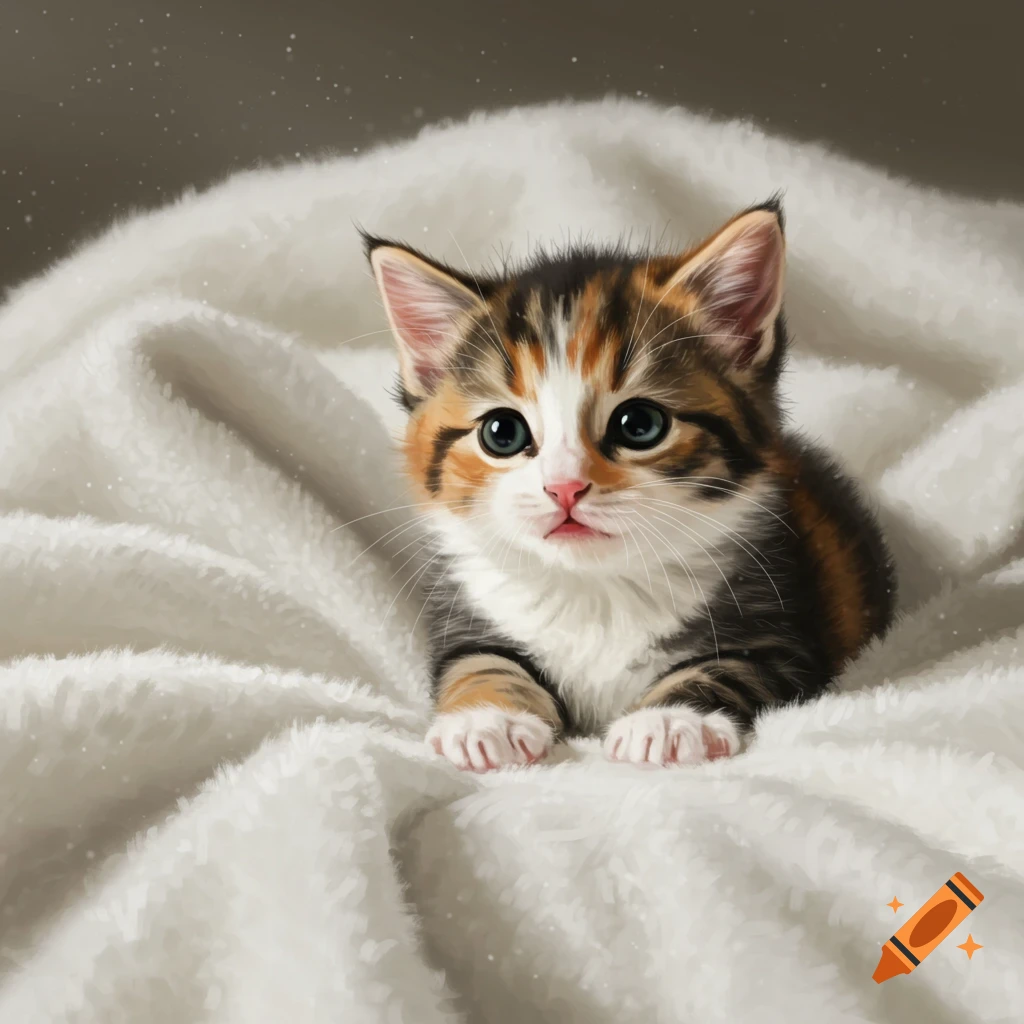 A cute calico kitten with big blue eyes lies on a white fluffy blanket in a detailed digital painting.