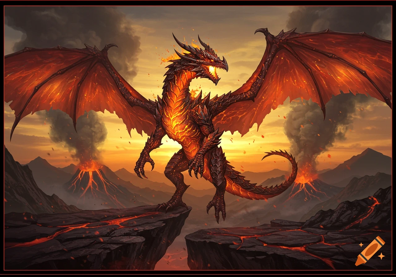 A powerful, fiery dragon with glowing wings stands on jagged rocks overlooking erupting volcanoes under an orange sky.