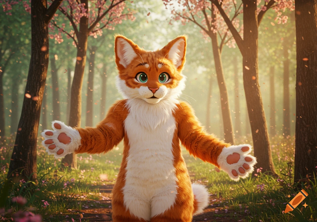An orange and white cat-like fursuit character with large green eyes stands in a sunlit forest with pink cherry blossoms.