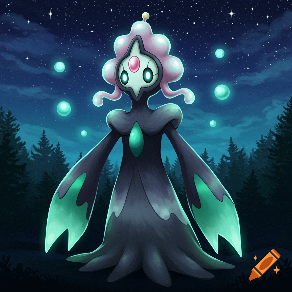 A dark, ghostly creature with pink and glowing teal accents stands in a dark forest under a starry night sky, in the style of Pokemon art.