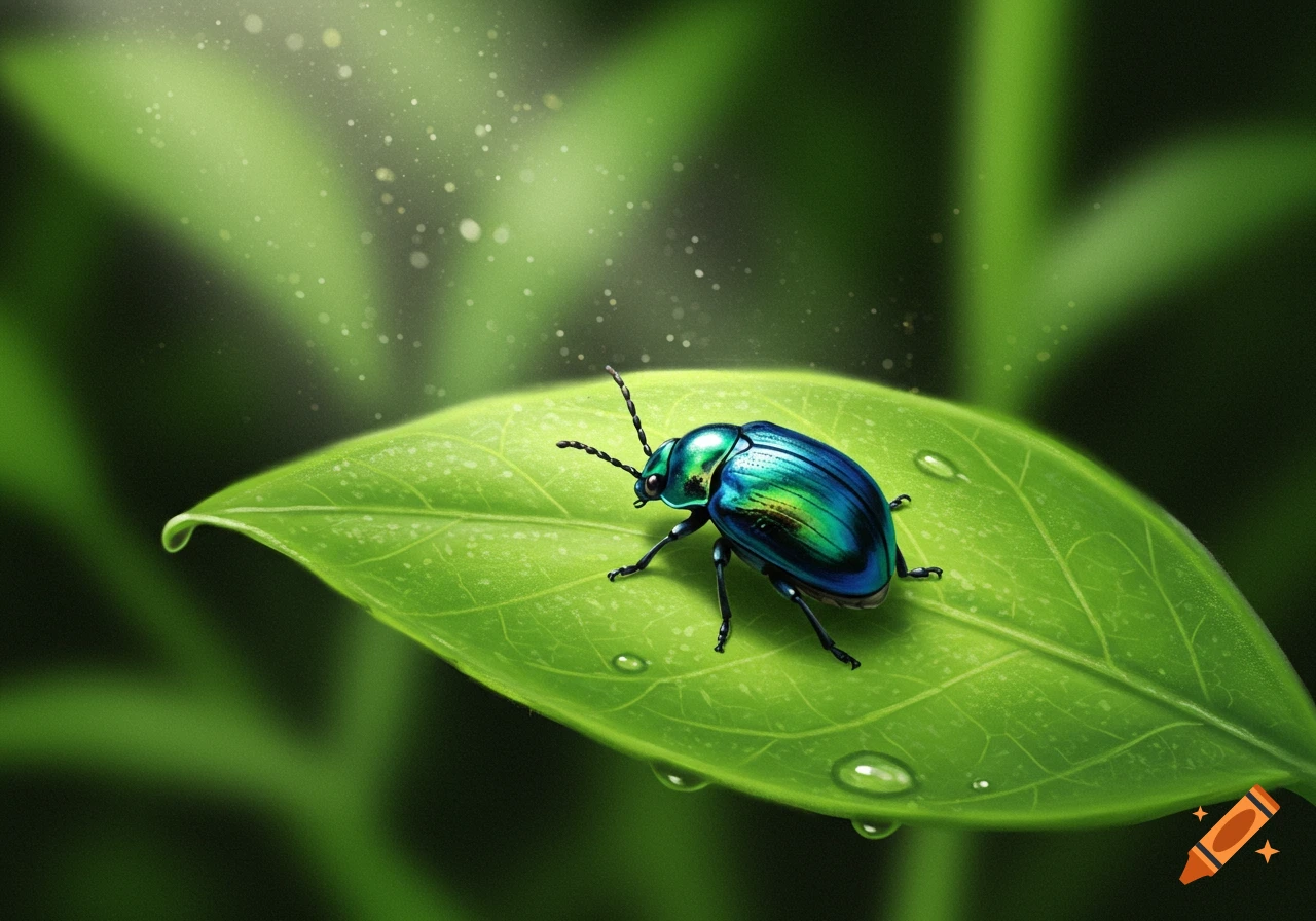 A vibrant blue-green beetle rests on a bright green leaf with water droplets and shimmering light.