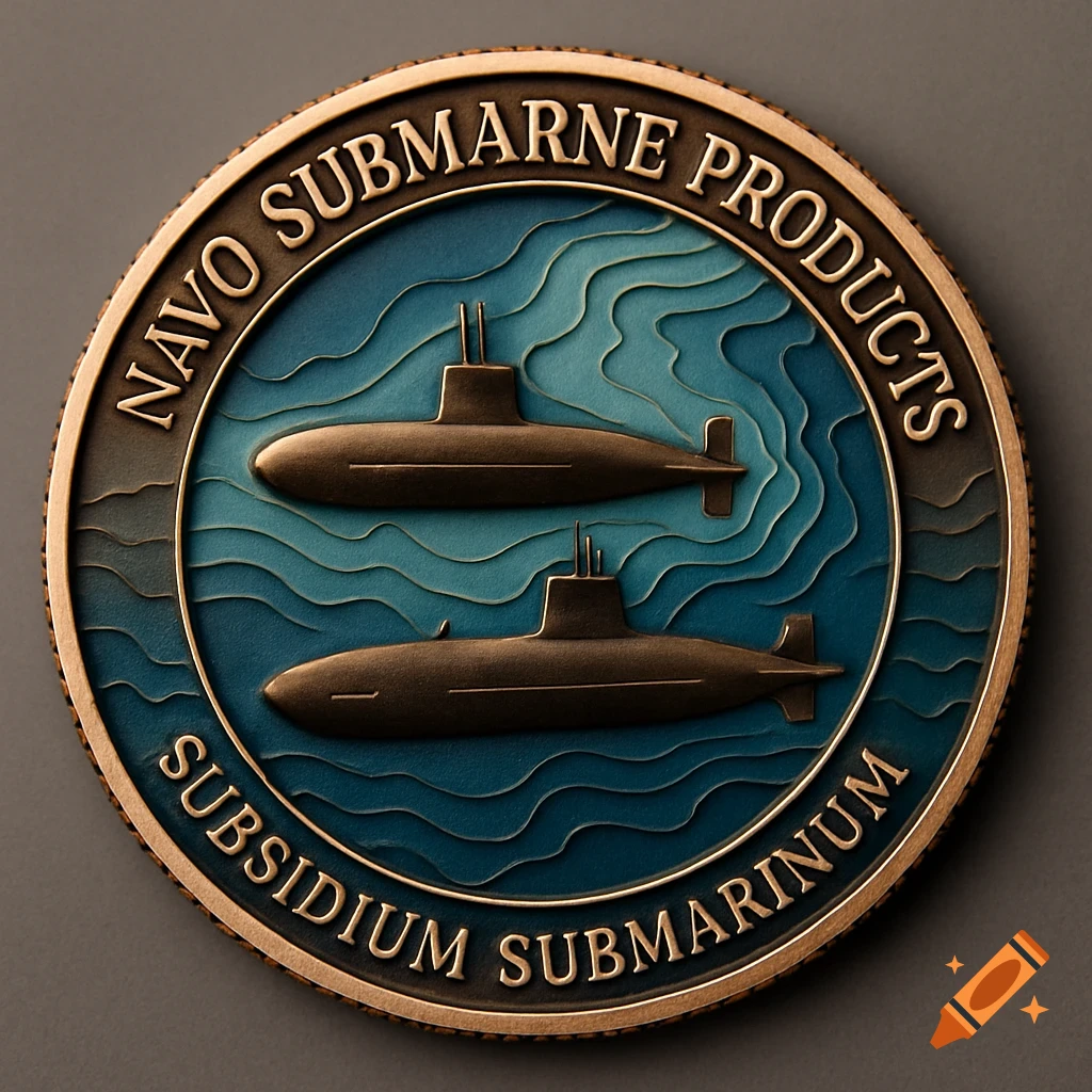 A bronze military challenge coin featuring two submarines and wavy blue bathymetry contours. Text reads "NAVO SUBMARNE PRODUCTS" and "SUBSIDIUM SUBMARINUM".