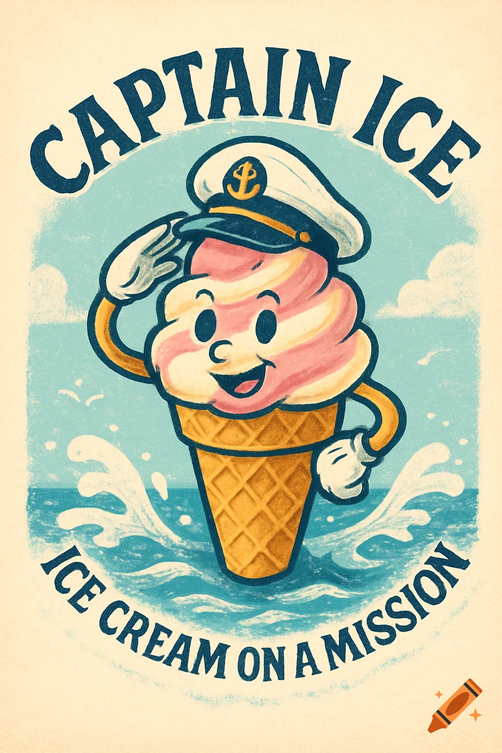 Retro illustration of an ice cream cone mascot in a captain's hat, saluting in blue waves, with text 'CAPTAIN ICE ICE CREAM ON A MISSION'.