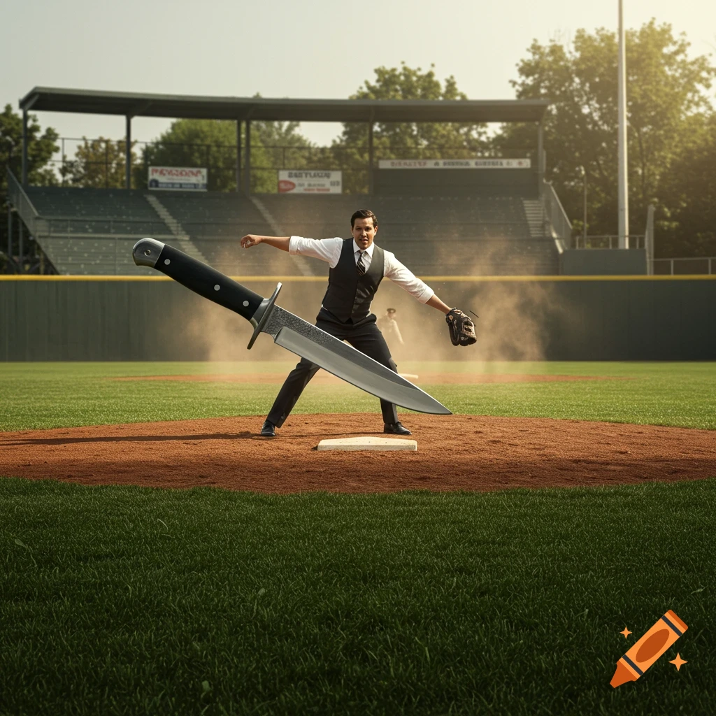 A man in a vest throws a giant knife like a baseball on a pitcher's mound in a stadium.