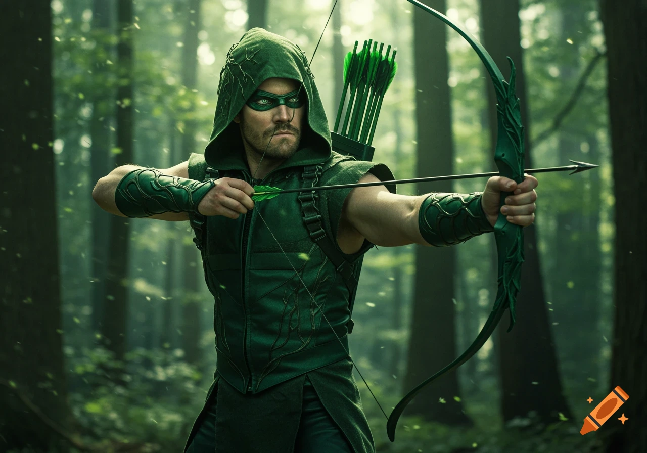 A man dressed as Green Arrow, aiming a bow and arrow in a lush forest.