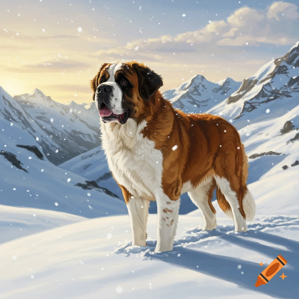 A majestic Saint Bernard dog stands in a snowy mountain landscape with falling snow, lit by a warm sunset glow.