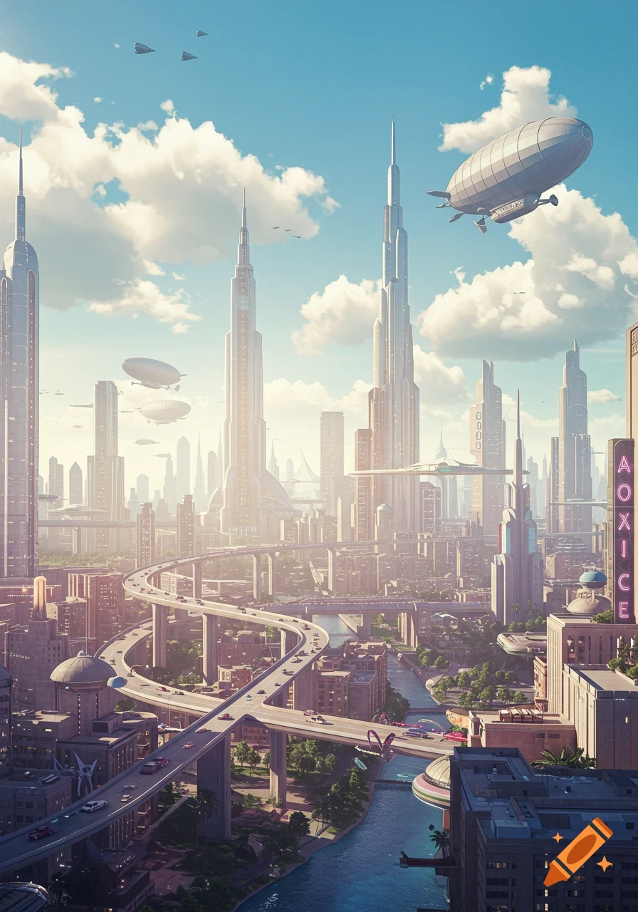 A retrofuturistic cityscape at midday with towering skyscrapers, multi-level highways, a river, and blimps in a clear sky.