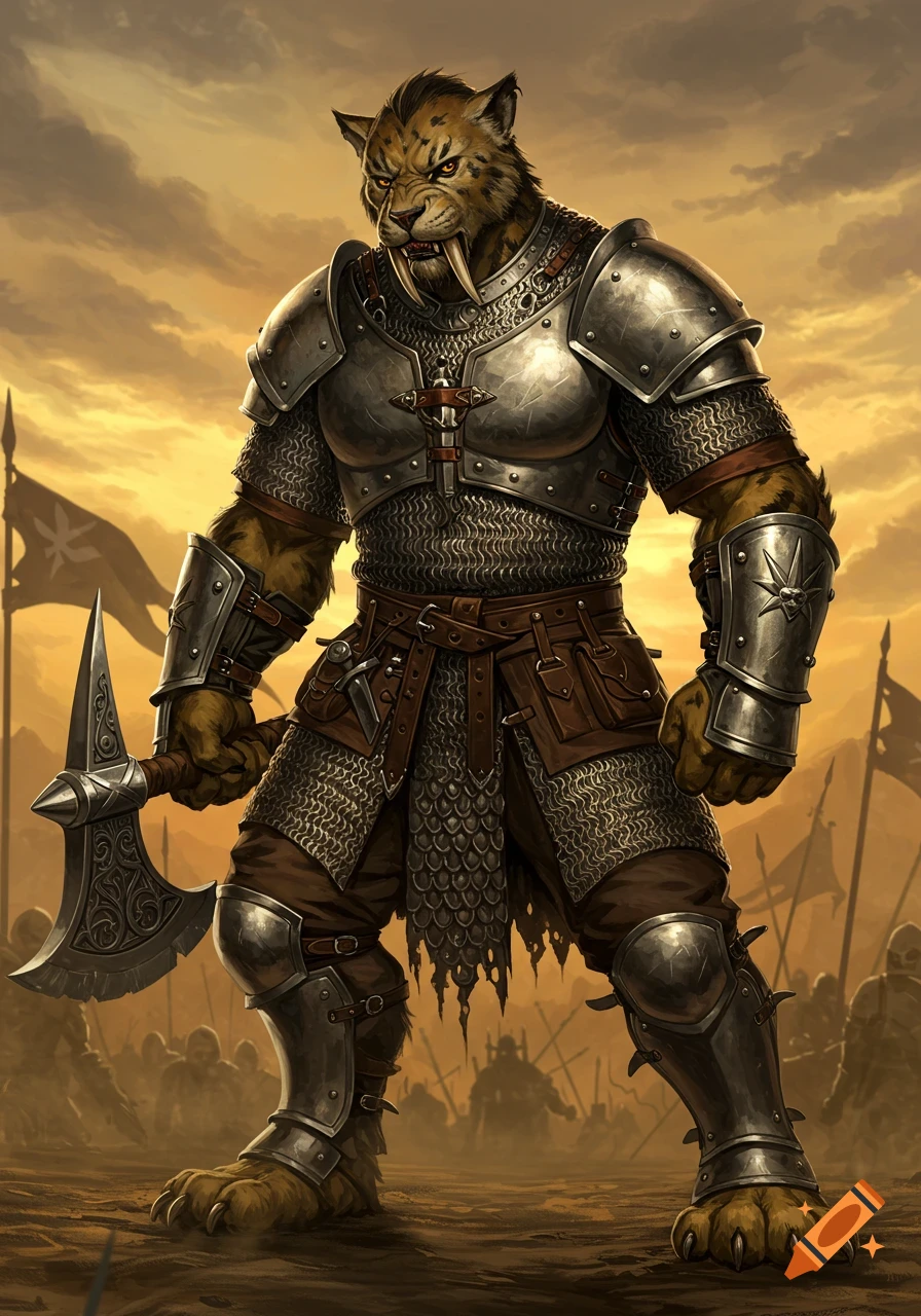 An anthropomorphic sabertooth cat warrior in detailed chainmail armor holds an axe, standing on a battlefield under an orange sky.
