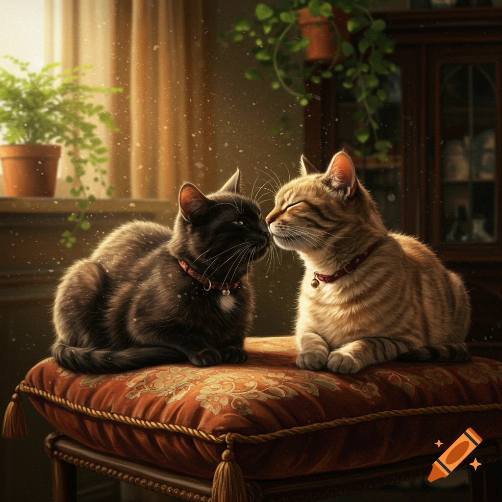 A black cat and a tabby cat gently touch noses while sitting on an ornate red cushion in a sunlit room.