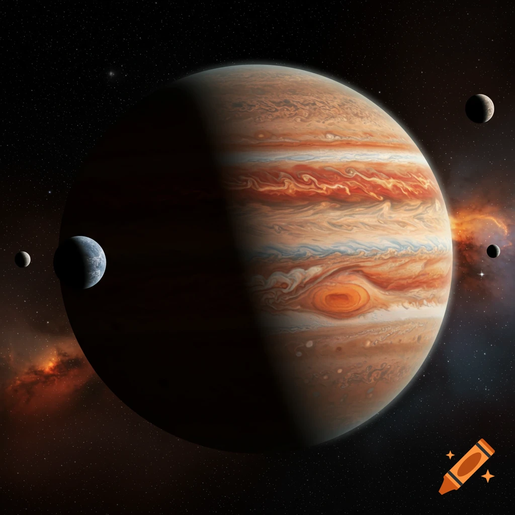A vibrant, detailed image of Jupiter with its swirling orange and white clouds, and several moons orbiting in deep space with distant nebulae.