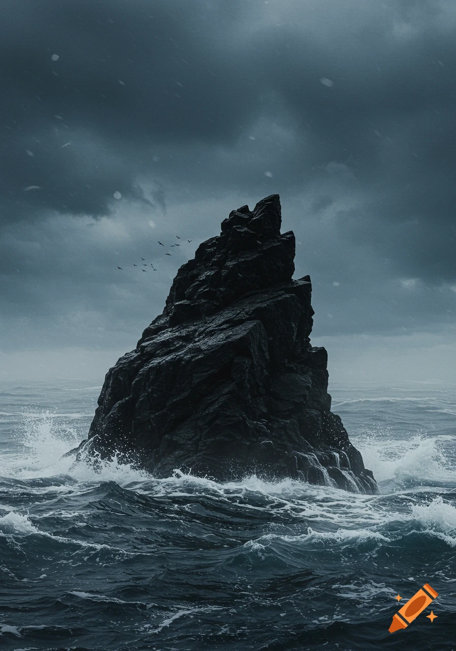 A dark, jagged rock stands defiantly in the middle of a stormy, turbulent sea under a dark, cloudy sky with small birds flying near.