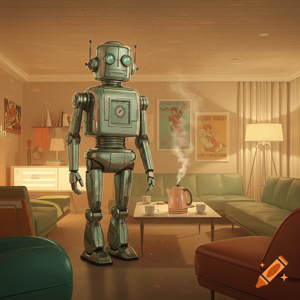 A retro-style robot stands in a vintage-style living room with a steaming teapot on a coffee table.