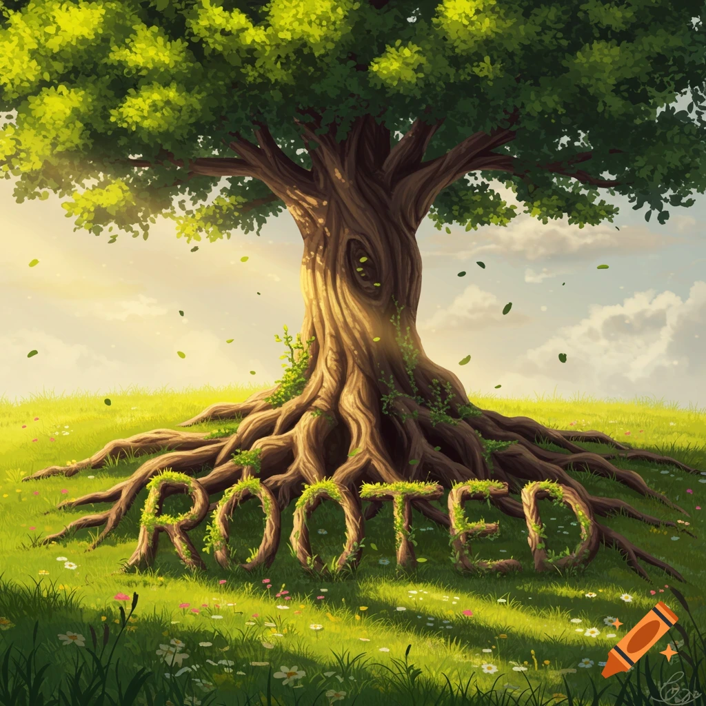 A large, old tree with prominent roots spells out the word 'ROOTED' in grass on a sunny hill, illustrated in a vibrant style.
