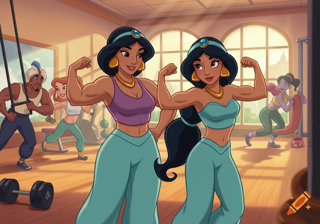 Two cartoon women resembling Disney's Jasmine flex their biceps in a gym while other people work out in the background.
