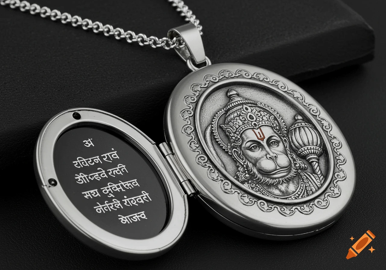 A detailed silver locket for men featuring a relief of Lord Hanuman on the front and some text engraved on the inside when open. It is displayed on a dark surface.