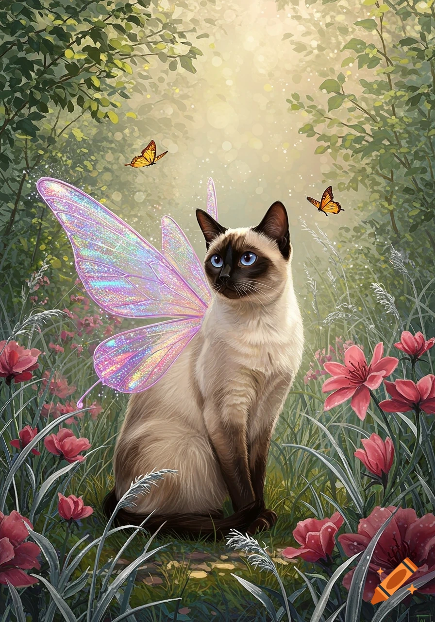 A Siamese cat with sparkling fairy wings sits in a lush forest among pink flowers and butterflies, with sunlight filtering through trees.