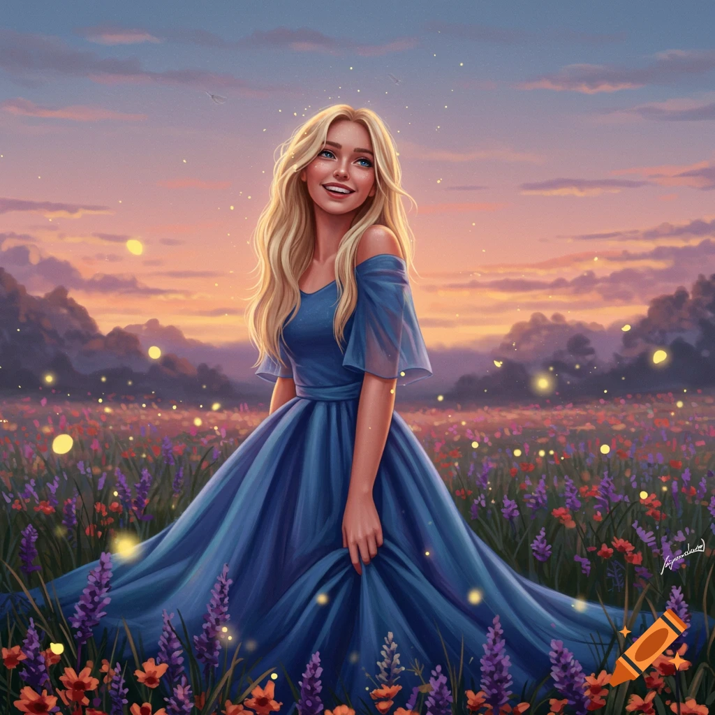 Digital painting of a smiling blonde woman in a blue dress standing in a field of colorful flowers at sunset with glowing lights.