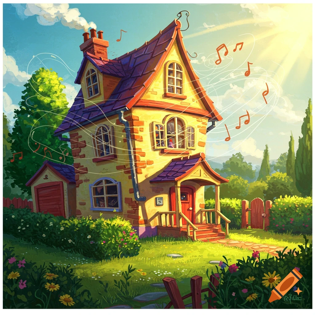 A vibrant cartoon-style house with musical notes floating around it, bathed in bright sunlight.
