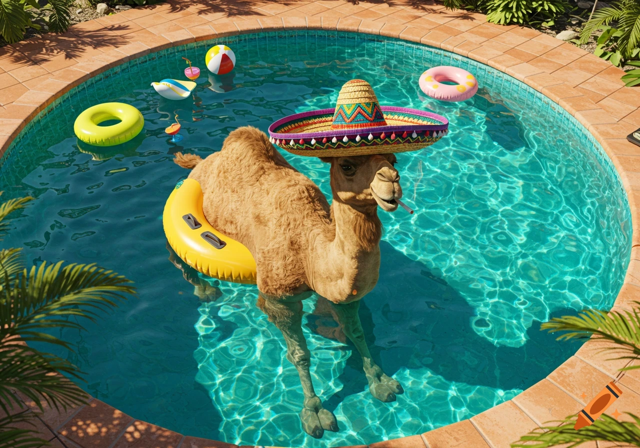 Photorealistic image of a camel wearing a sombrero and holding a cigarette, floating in a yellow inner tube in a swimming pool.