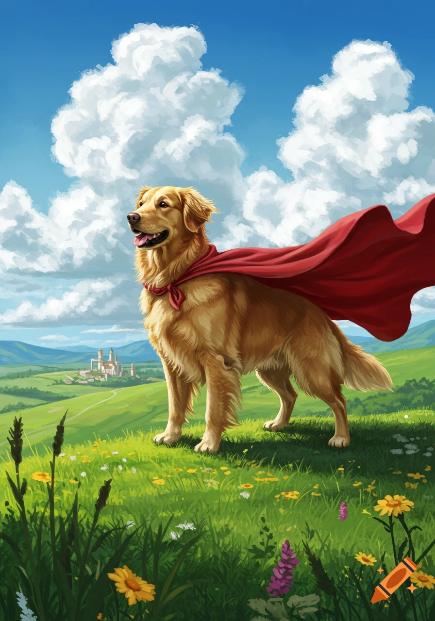 A majestic golden retriever wearing a red cape stands on a green hill overlooking a valley with a castle under a blue, cloudy sky.