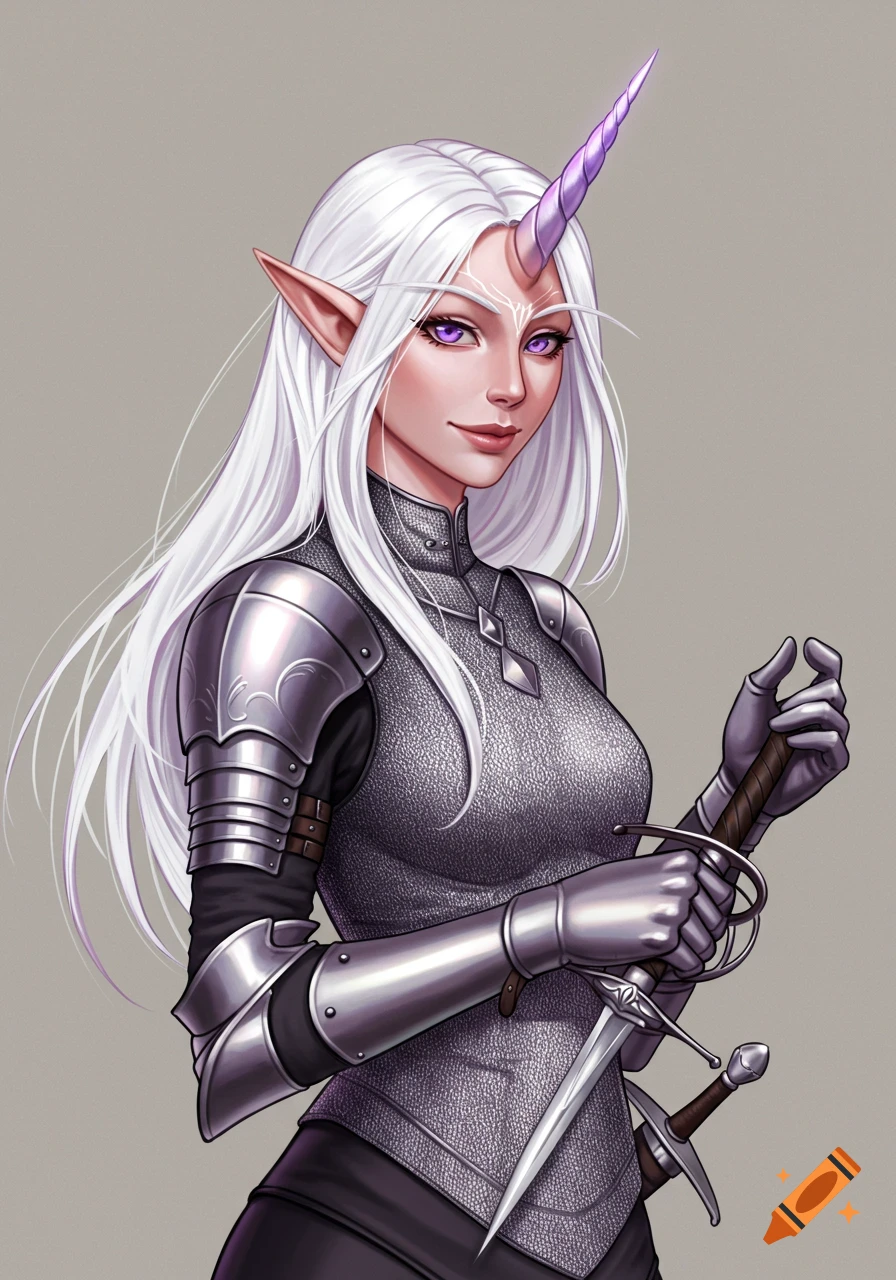An illustration of a female half-elf with long white hair, violet eyes, and a unicorn horn, wearing silver chainmail armor and holding a rapier.