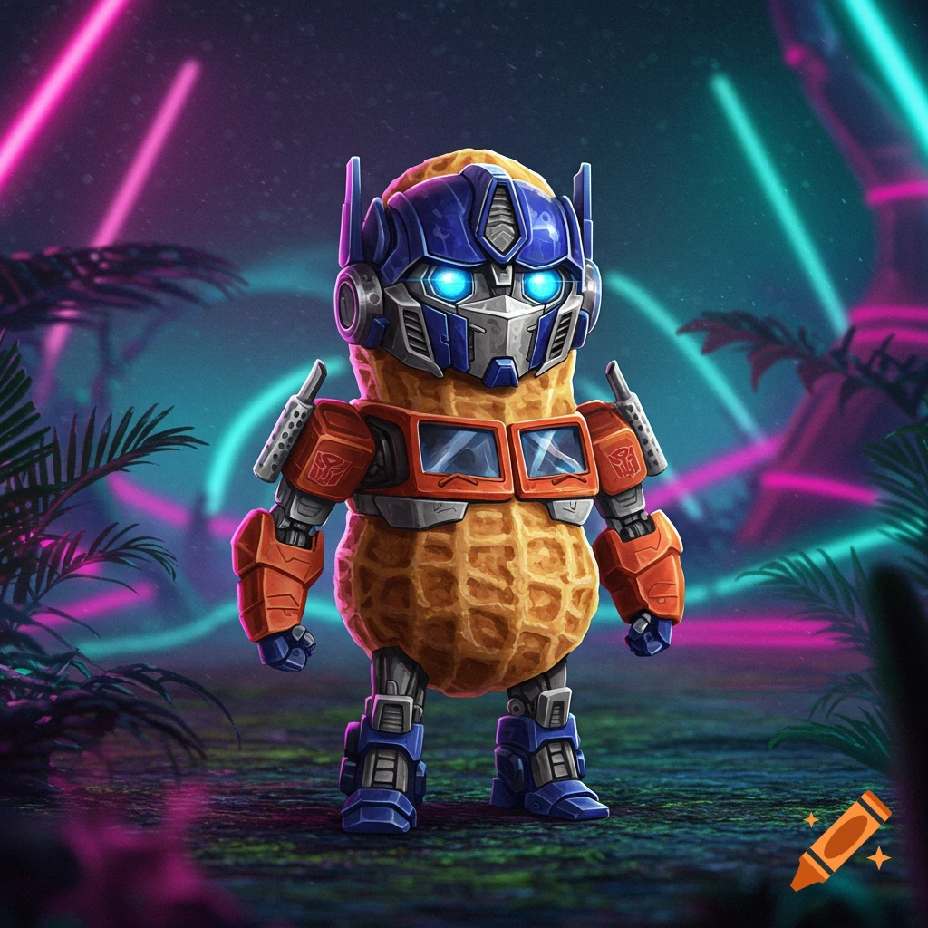 A cartoon peanut character dressed as Optimus Prime stands in a vibrant, neon-lit futuristic jungle.
