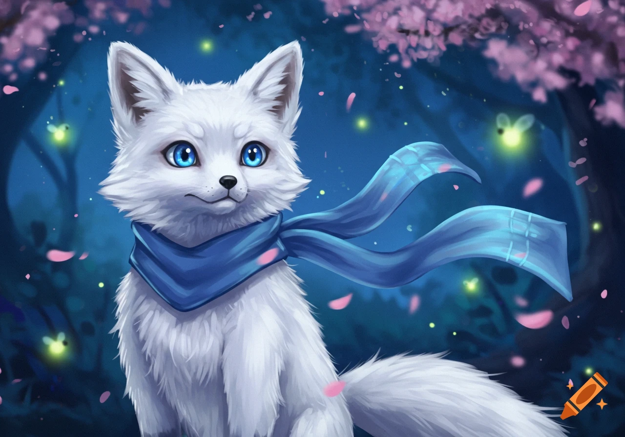 A cute white anime-style fox with bright blue eyes and a blue scarf sits in a magical forest with pink cherry blossoms and glowing fireflies.