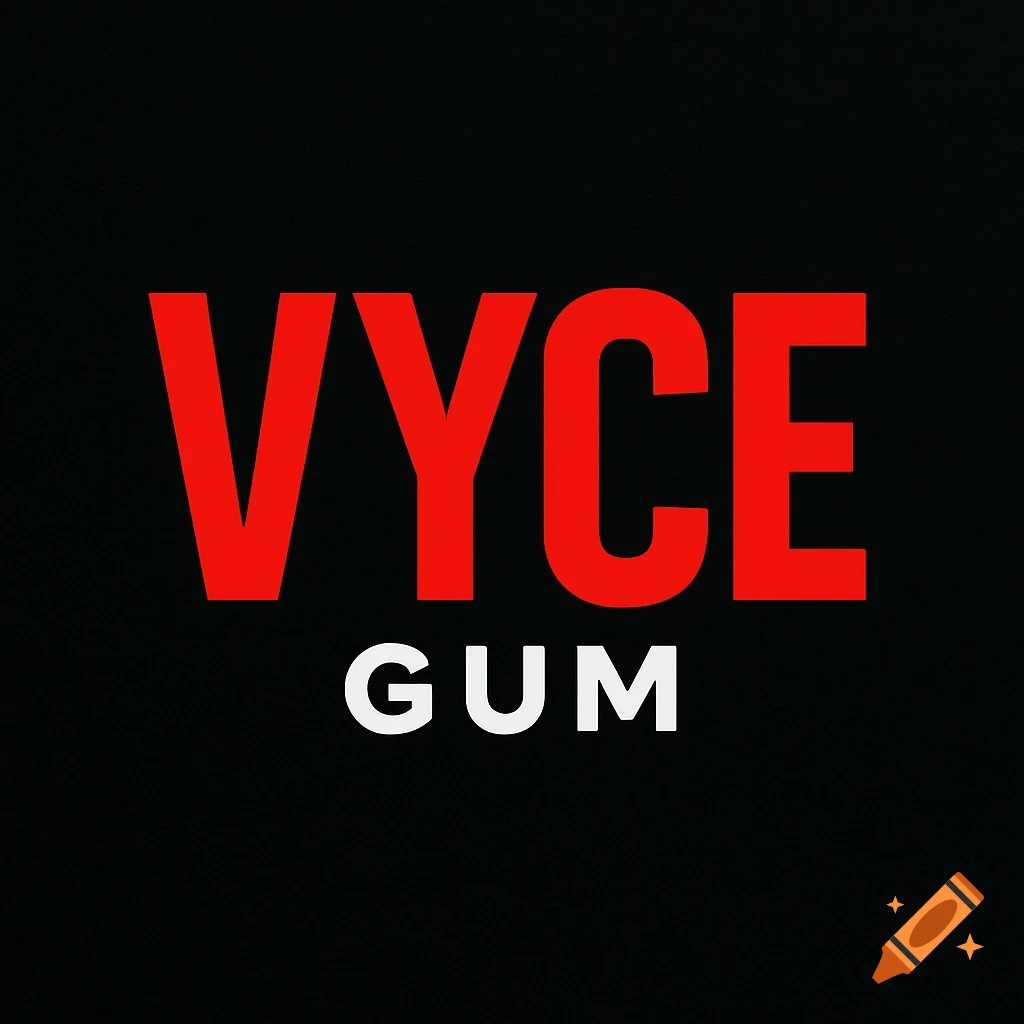 A bold logo features the word "VYCE" in red uppercase letters above the word "GUM" in smaller white uppercase letters, all on a black background.