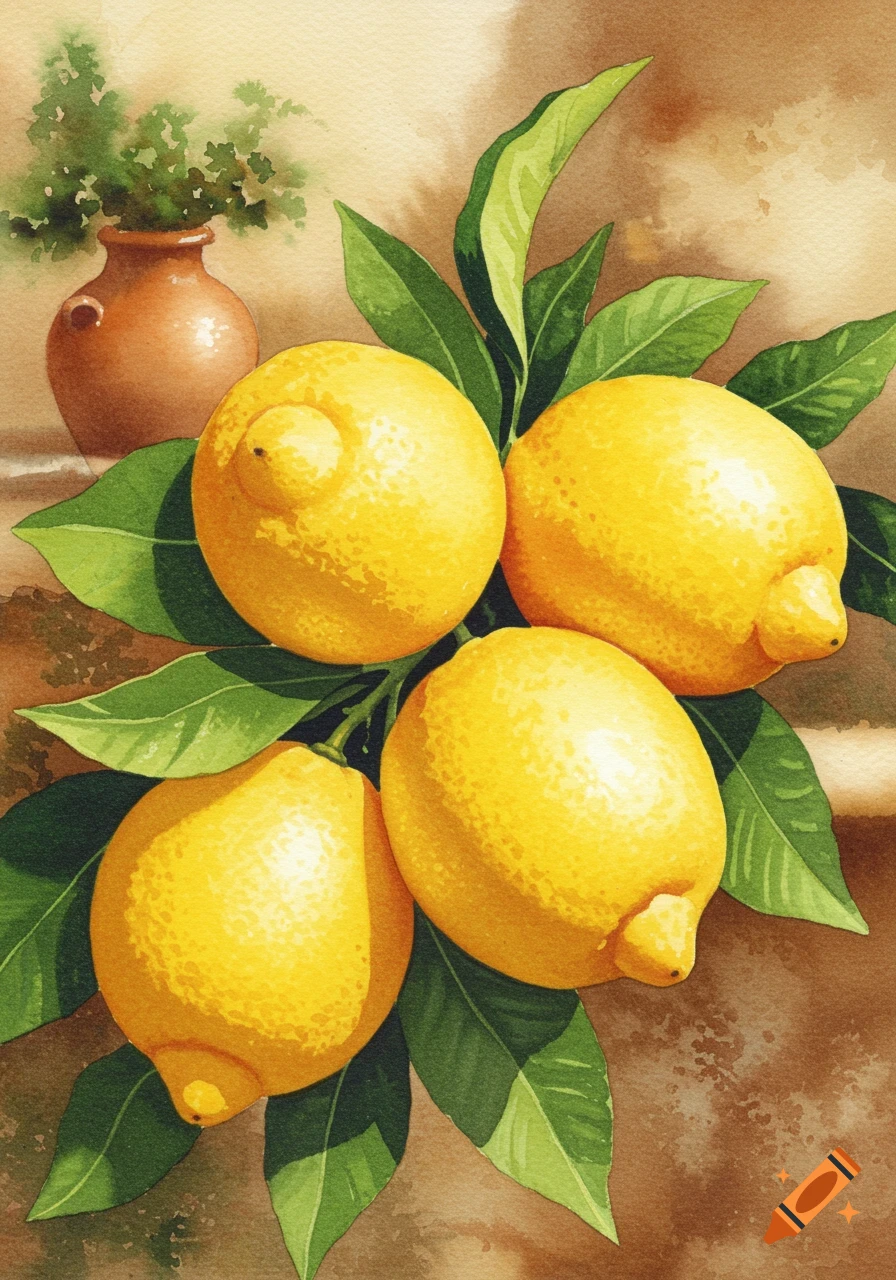Watercolor painting of four yellow lemons with green leaves next to a terracotta pot with a plant.