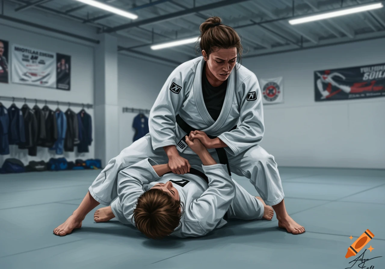 Two women in white gis grapple on a mat, one in a triangle choke hold, in a martial arts gym. Digital art style.
