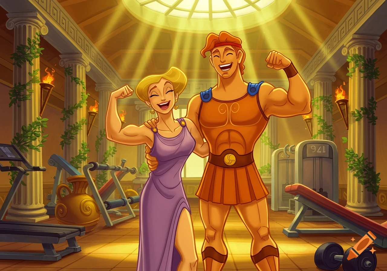 Cartoon Hercules and his mother flex their muscles in an ancient Greek-style gym.