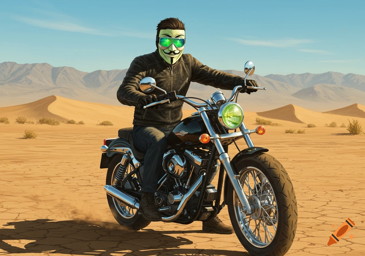 A person wearing a Guy Fawkes mask and green goggles rides a motorcycle through a sunny desert with sand dunes and mountains in the background.