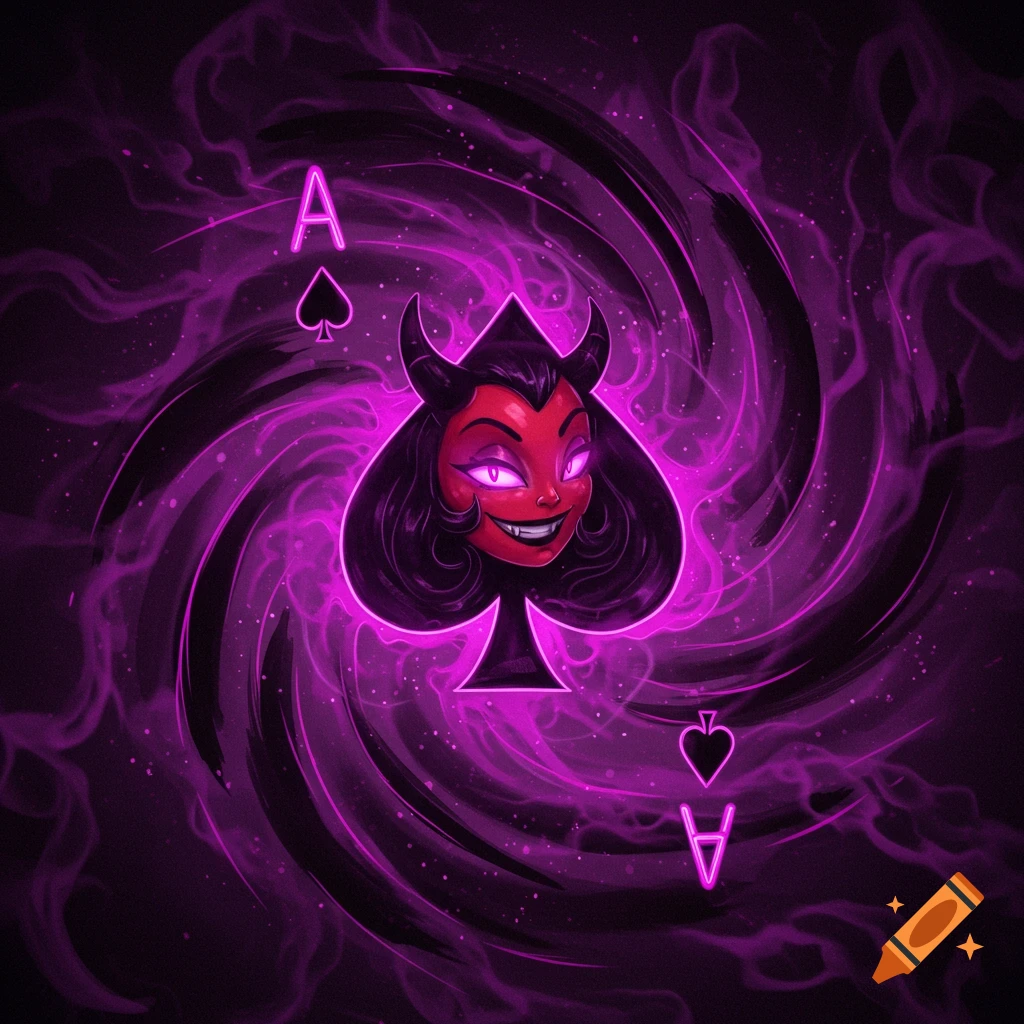 A stylized red devil with horns emerges from a black spade symbol, surrounded by swirling purple neon smoke and light. Neon 'A' and spade card symbols are in the corners.