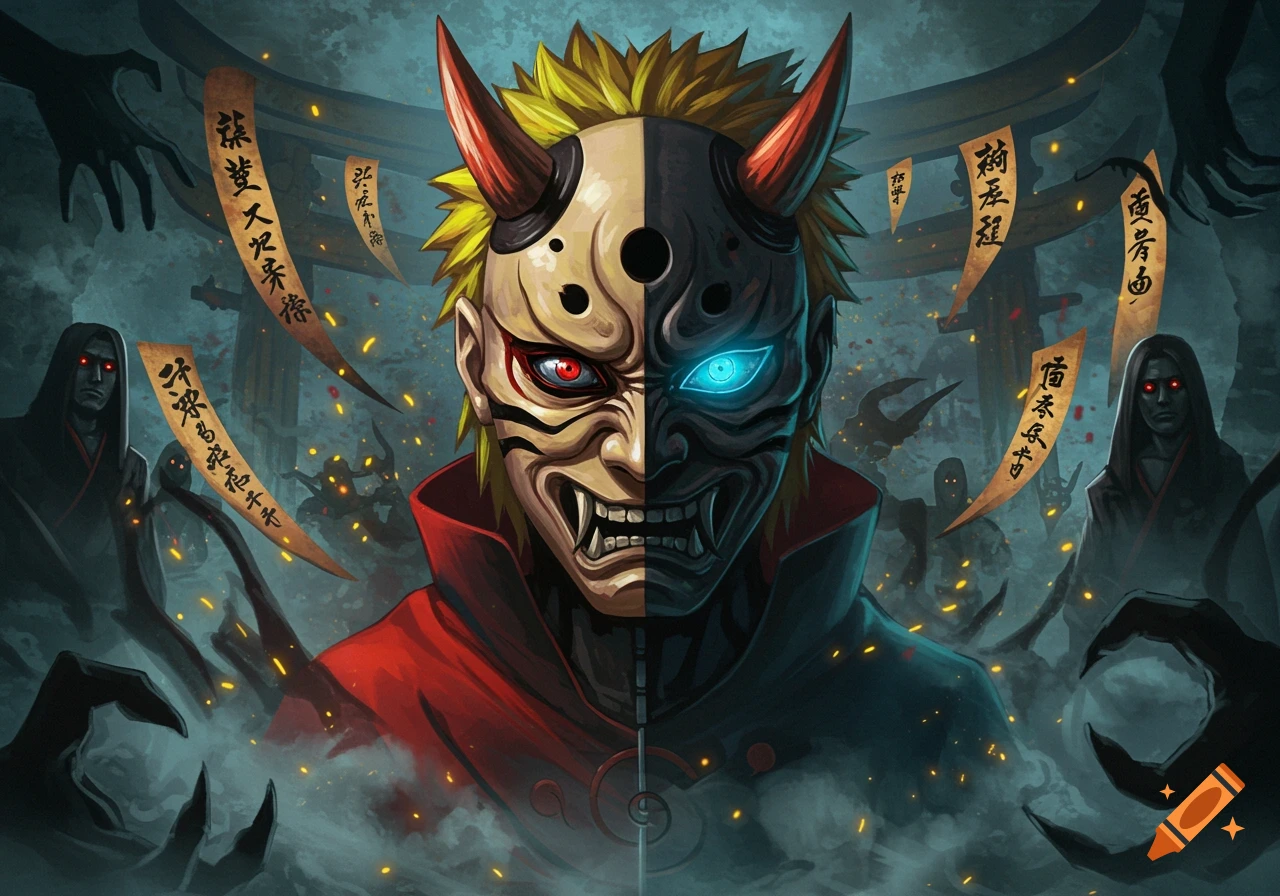 A stylized digital art portrait of Naruto wearing a split demon mask, with one red eye and one glowing blue eye, against a dark background with shadowy figures and banners.