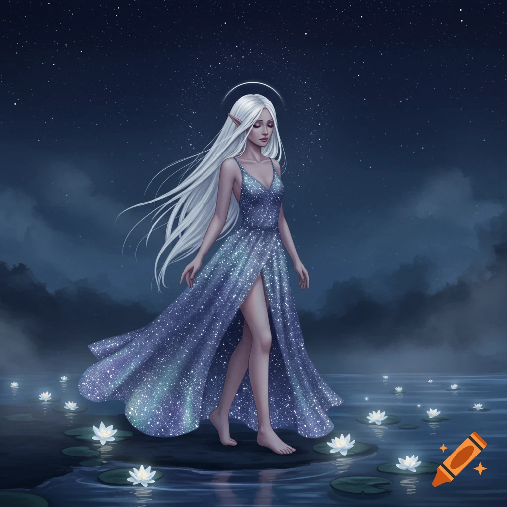 A fantasy woman with long white hair, pointy ears, and a halo, in a sparkling blue dress, stands in a pond with water lilies under a starry night.