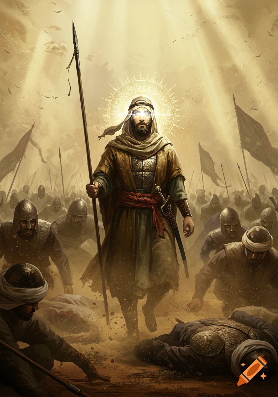 An epic painting of Imam Hussein glowing in a desert battlefield among fallen and standing soldiers, holding a spear and sword.