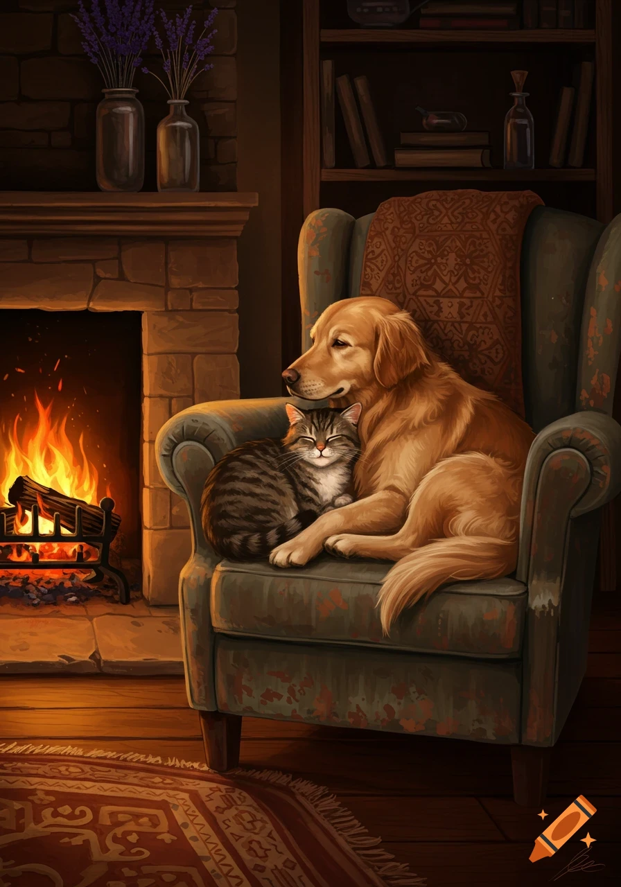 A golden retriever and a tabby cat snuggling in a green armchair by a warm fireplace in a cozy room.