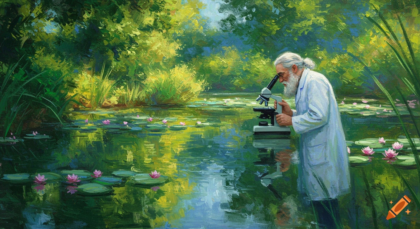 Impressionistic painting of a bearded scientist looking into a microscope in a pond with water lilies and lush greenery.