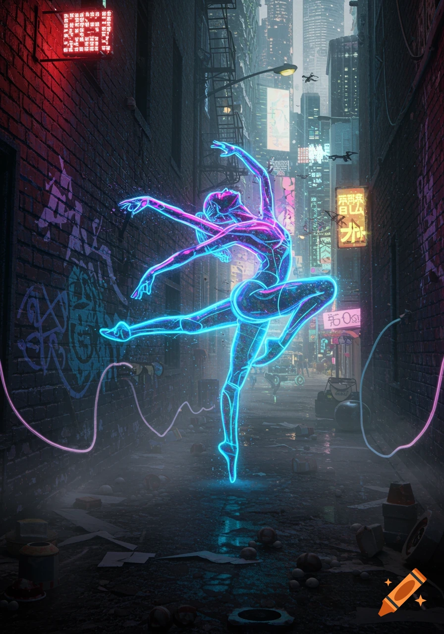 A glowing neon dancer in an intricate pose in a dark cyberpunk alley, surrounded by neon signs and city lights.