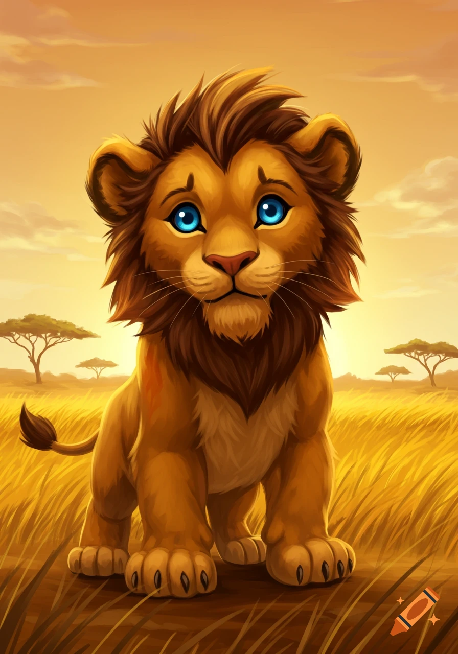 A cute, stylized lion cub with bright blue eyes sitting in a golden savanna with acacia trees at sunset.