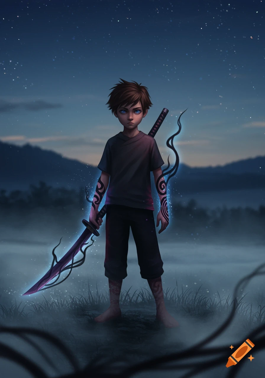 An illustrated fantasy art piece of a young boy with blue eyes and brown hair, holding a glowing katana, standing in a misty field at night under a starry sky.