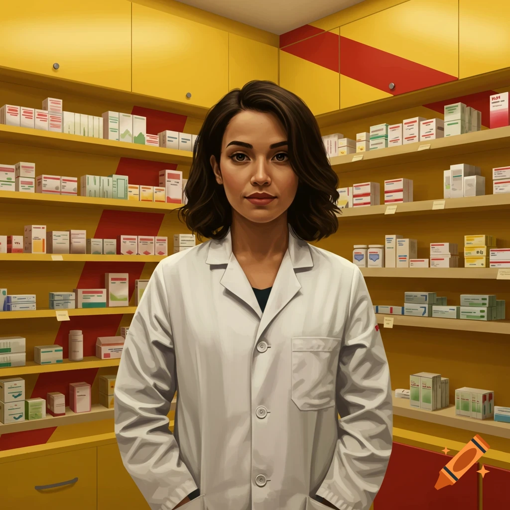 A female pharmacist in a white coat stands in a pharmacy aisle with yellow shelves filled with medicine boxes.