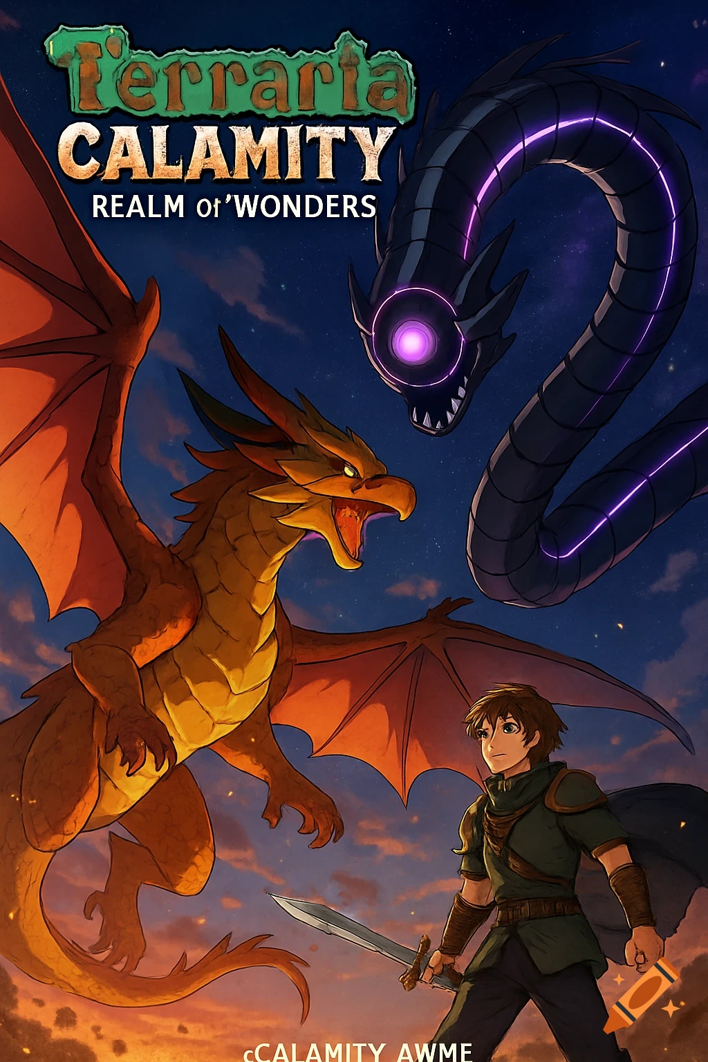 An anime-style image featuring a brown dragon, a black glowing serpent, and a male warrior with a sword against a twilight sky with text overlays.