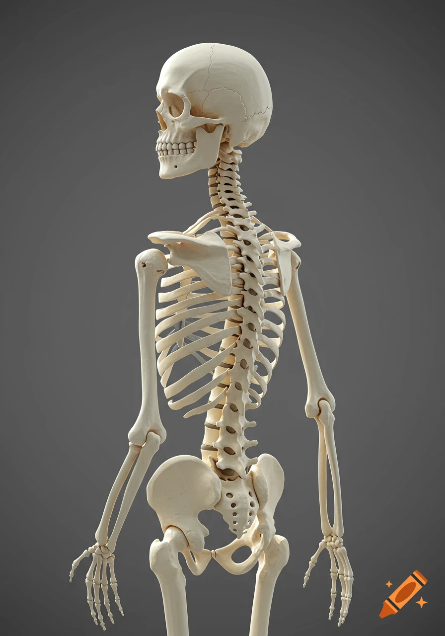 A photorealistic human skeleton viewed from the side, standing against a plain grey background.