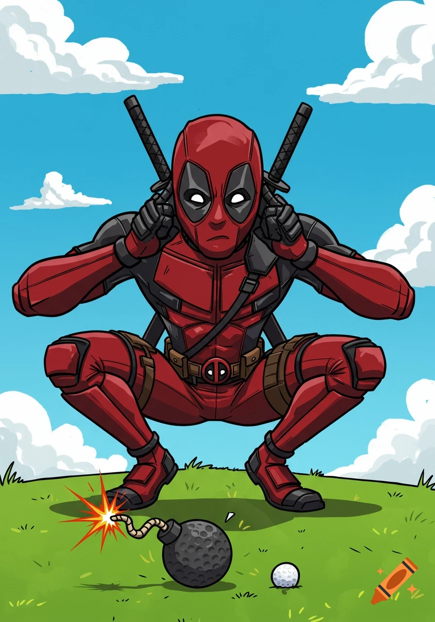 Cartoon Deadpool crouched on a golf course, looking at a bomb-shaped golf ball with a lit fuse.