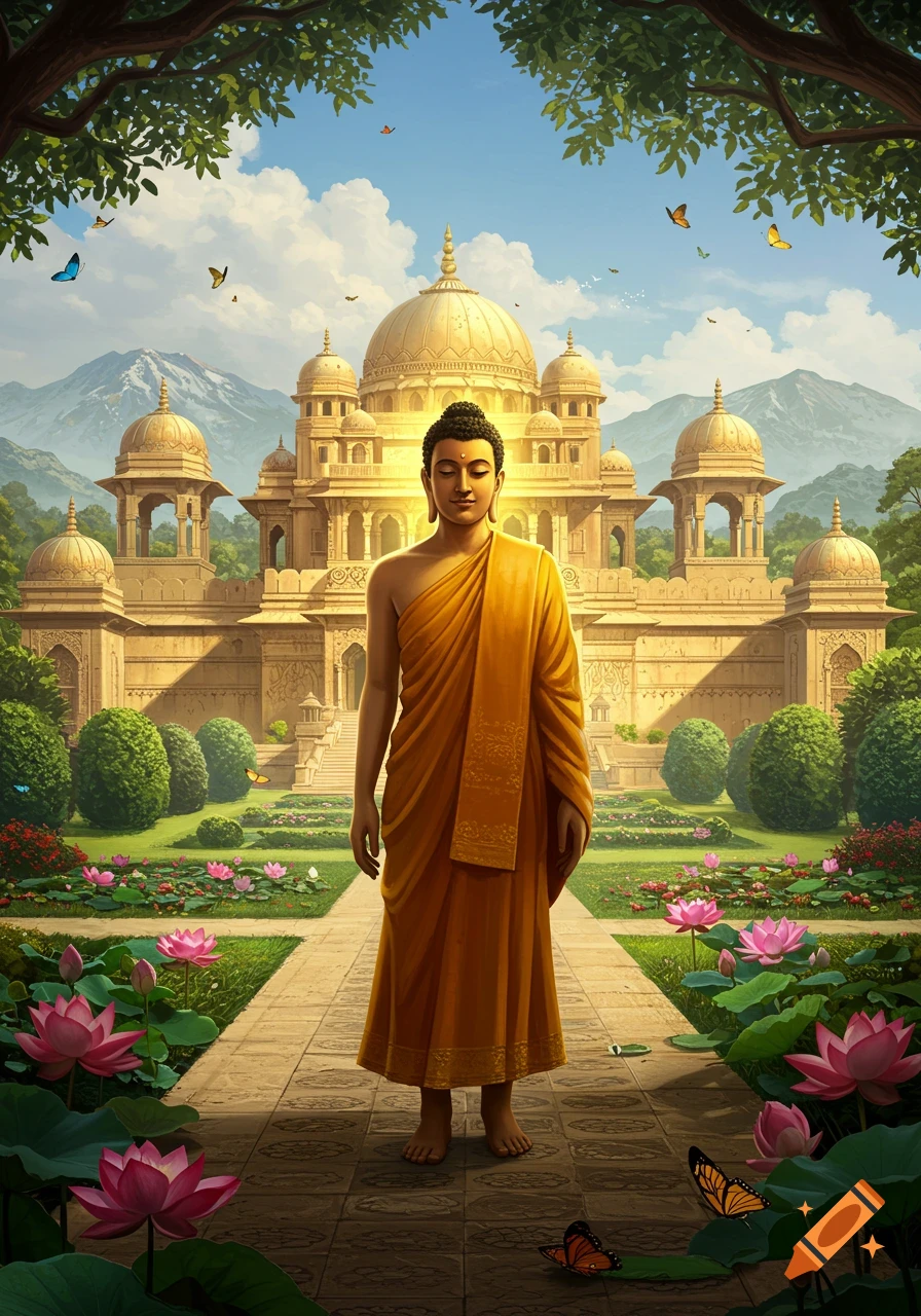 Buddha stands serenely in an orange robe on a path through a lush garden with lotus flowers, in front of a grand temple with mountains under a blue sky. Butterflies flutter around.
