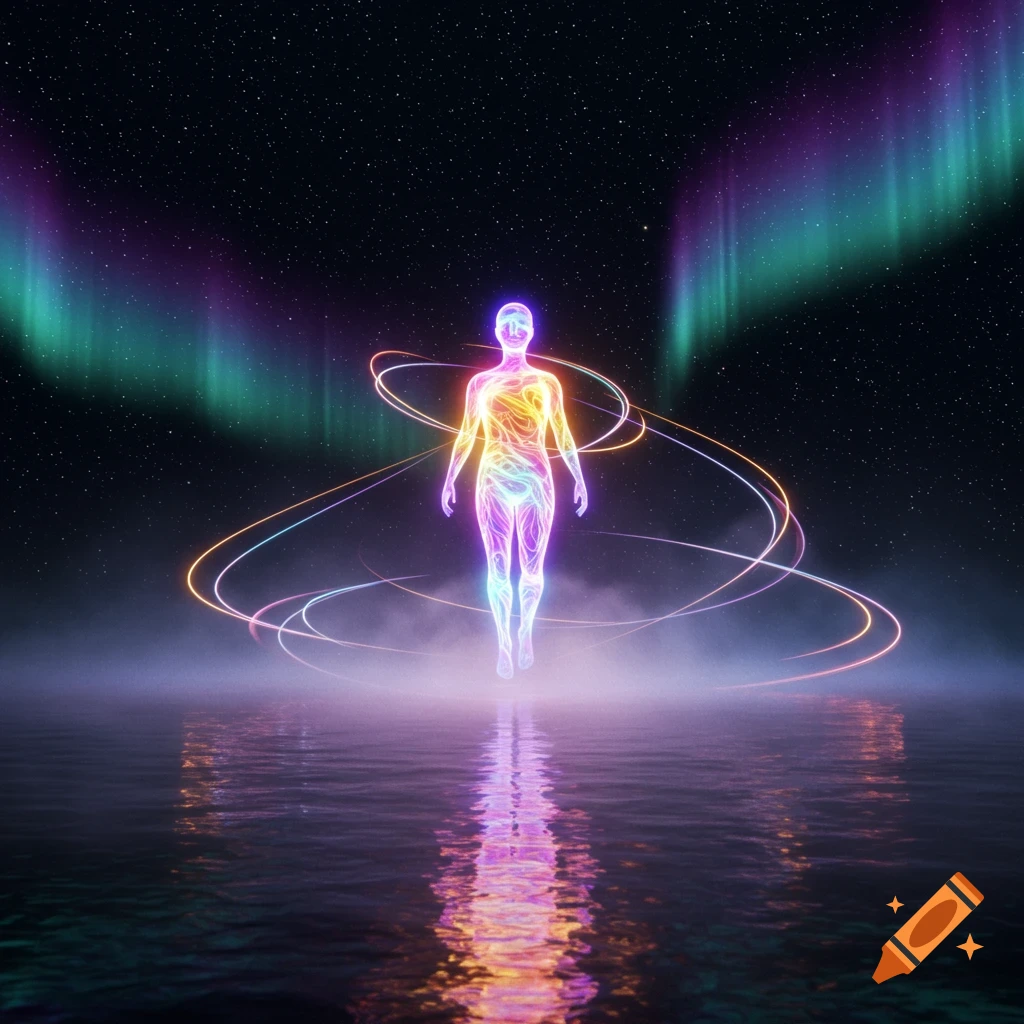 Ethereal, glowing rainbow-colored human-like figure floating above water under a starry night sky with vibrant aurora borealis.