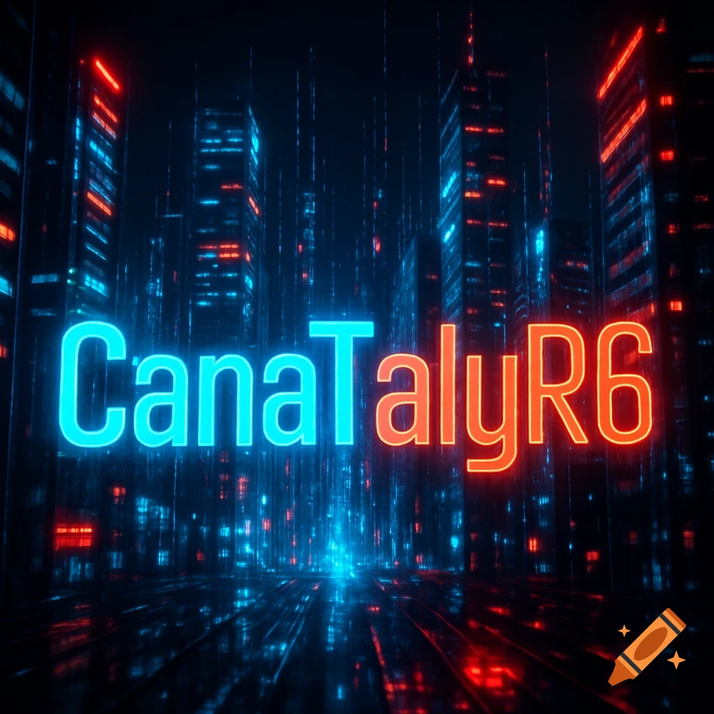 Glowing neon text 'CanaTalyR6' in a dark, futuristic cityscape with blue and red lights.